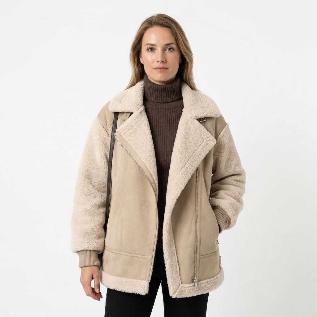 Oversized Dames Teddy Jas Met Schuine Ritssluiting