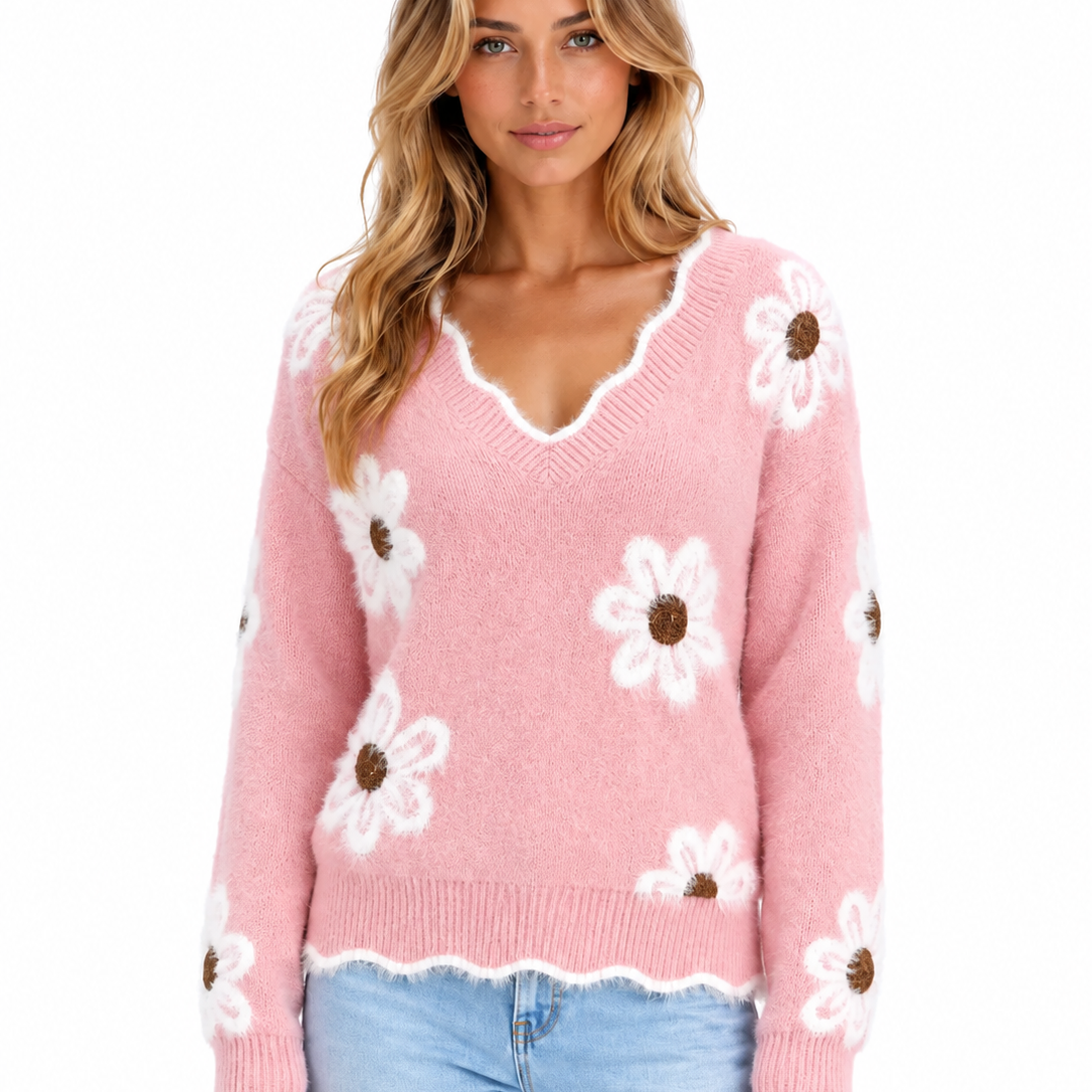 Elize | Dames zachte trui met bloemenprint en V-hals