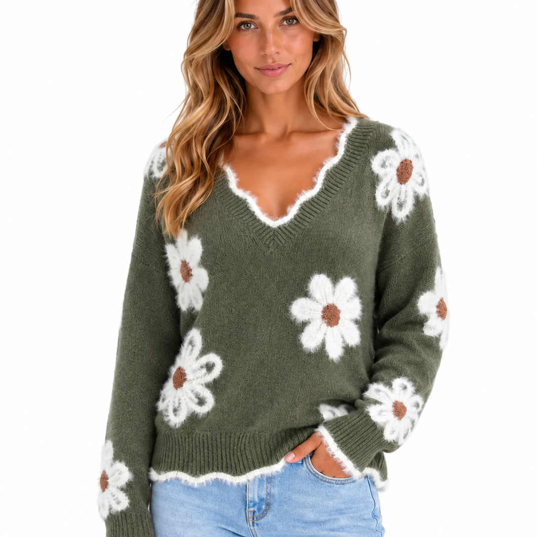 Elize | Dames zachte trui met bloemenprint en V-hals