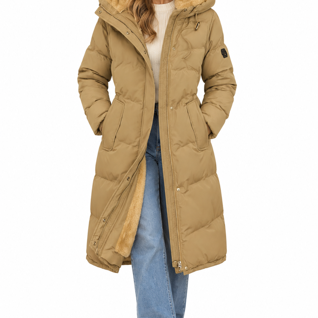 Elin | Dames lange winterjas met gevoerde capuchon