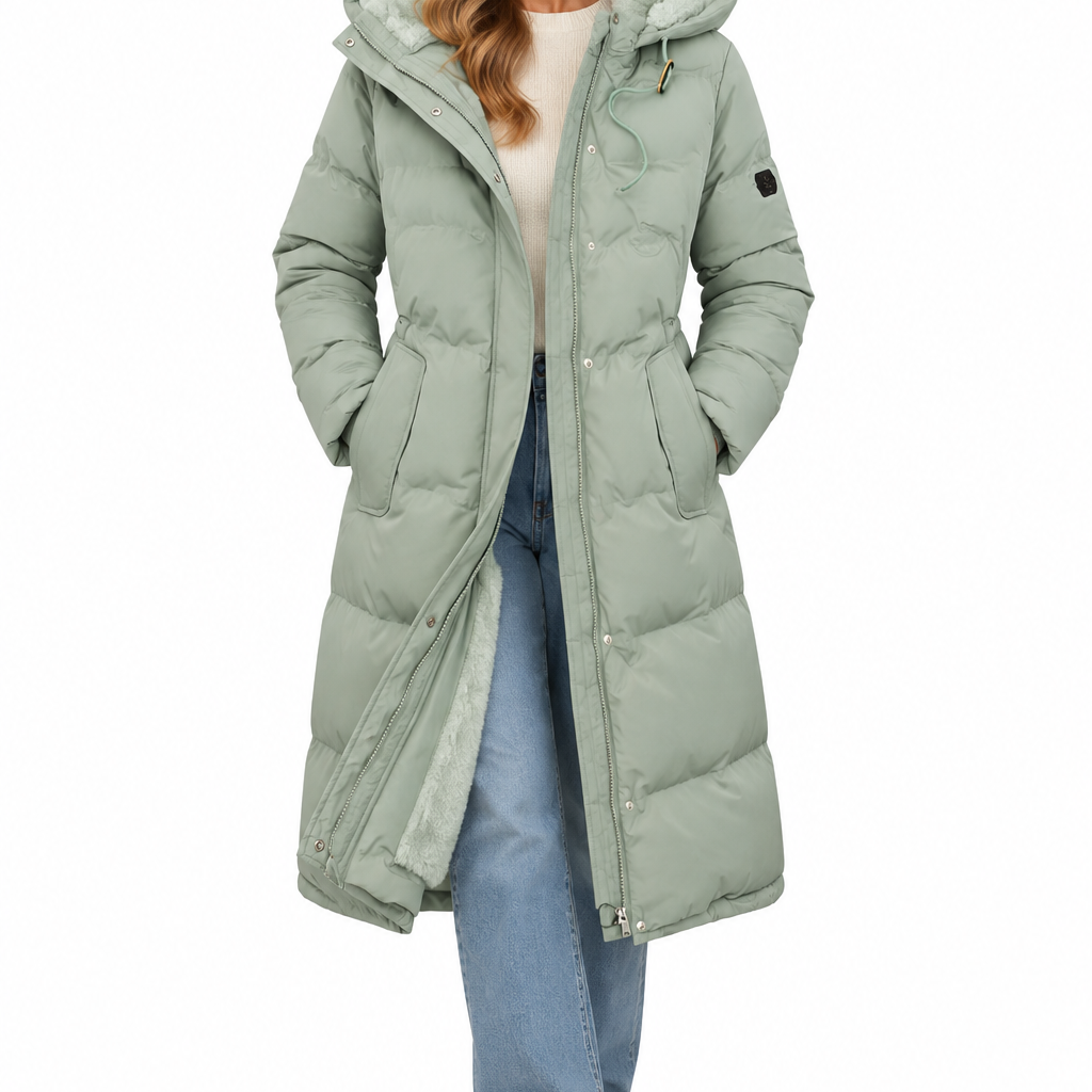 Elin | Dames lange winterjas met gevoerde capuchon