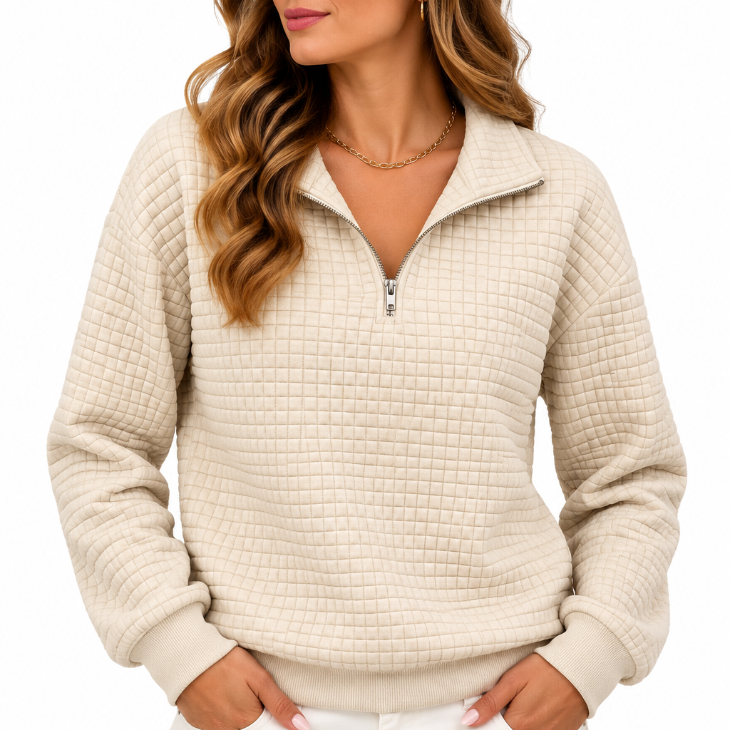 Sophie | Dames sweater met halve rits en structuur