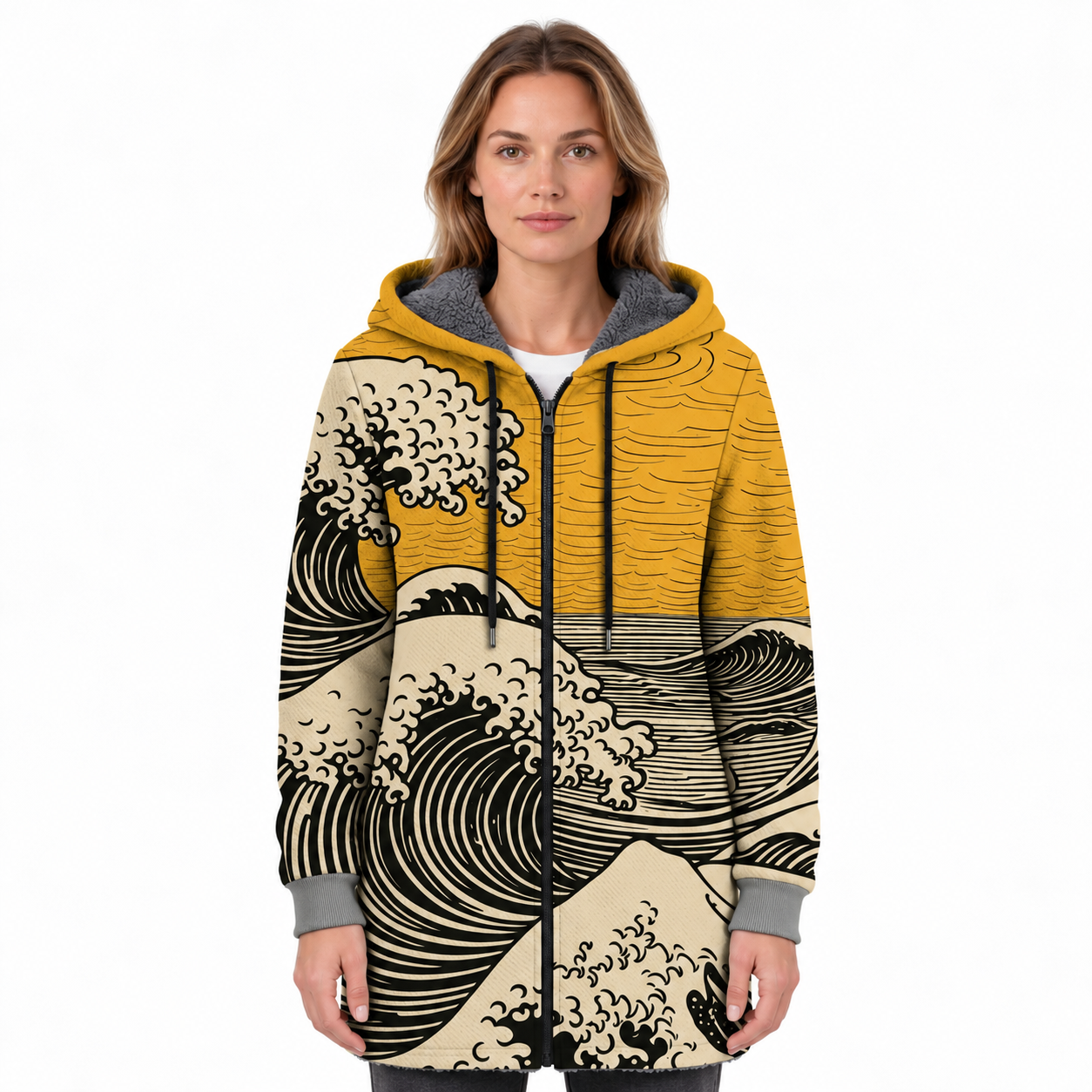 Dames Lang Vest met Capuchon en Golfpatroon