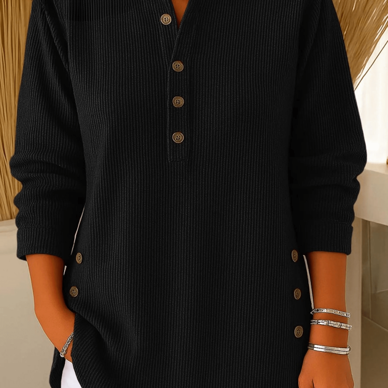 Elise | Geribde tuniek met knoopdetails